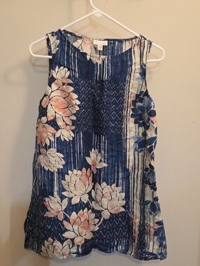 Sleeveless Navy Floral Tunic Top - Blue & Pink (A106)